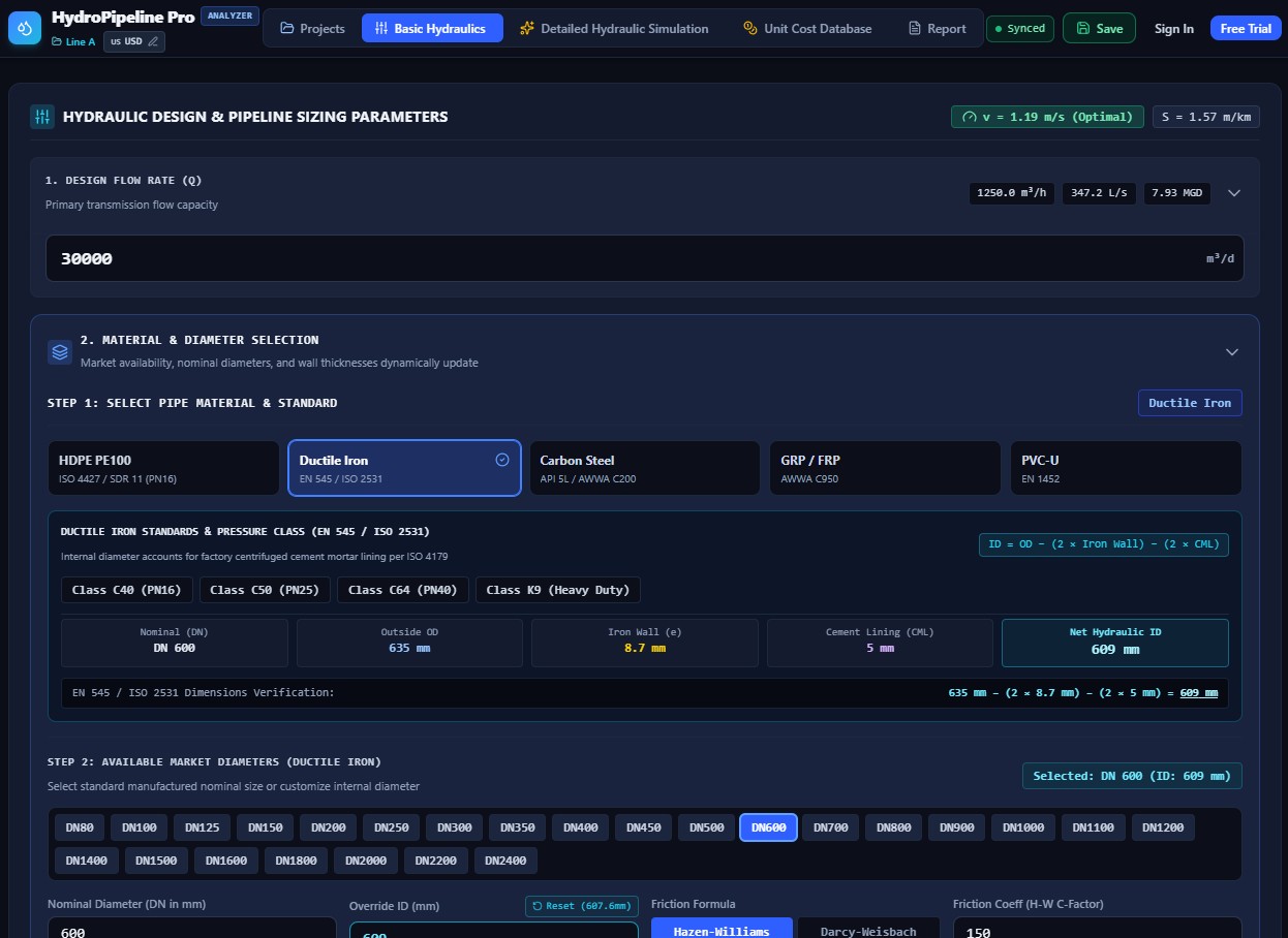 Application screenshot showing basic hydraulic sizing inputs and pipe parameters