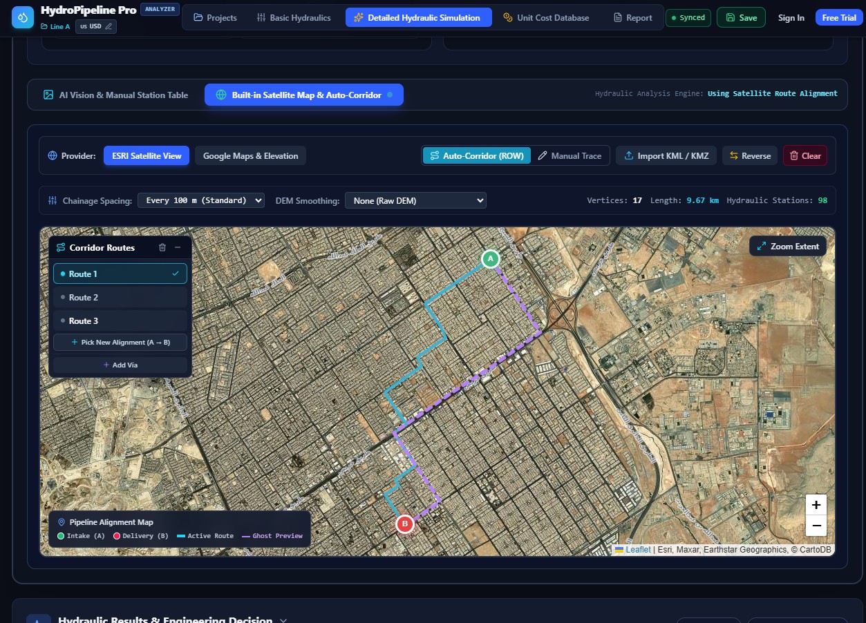 HydroPipeline Pro alignment workspace showing intake, delivery, and up to three candidate corridor routes on a satellite map